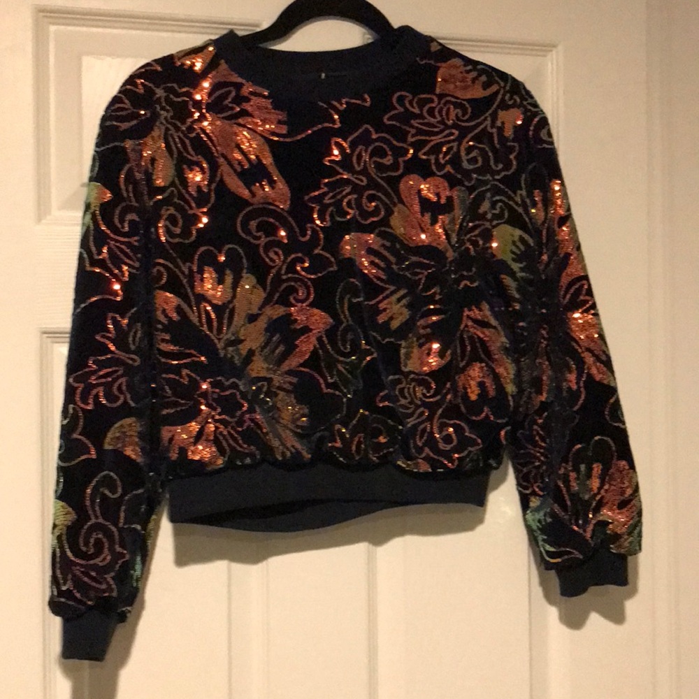 Zara | Navy Blue and Iridescent Gold | Sequin Velvet Sweatshirt | Size Small